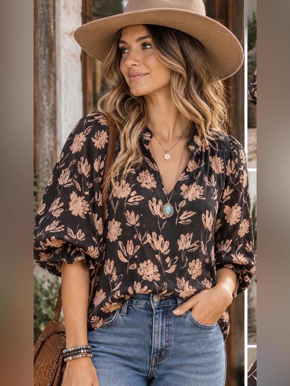 THML Floral V-Neck Balloon Sleeve Boho Blouse